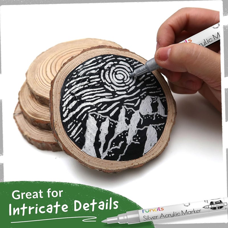 Funcils 5 Acrylic Silver Paint Pen - Silver Marker Metallic Paint Pens for Fabric, Wood, Canvas, Leaf, Metal, Glass, Plastic - Permanent Pen Fine Tip, Thin Point & Jumbo (1mm, 3mm, 6mm, 10mm, 15mm) - Image 4